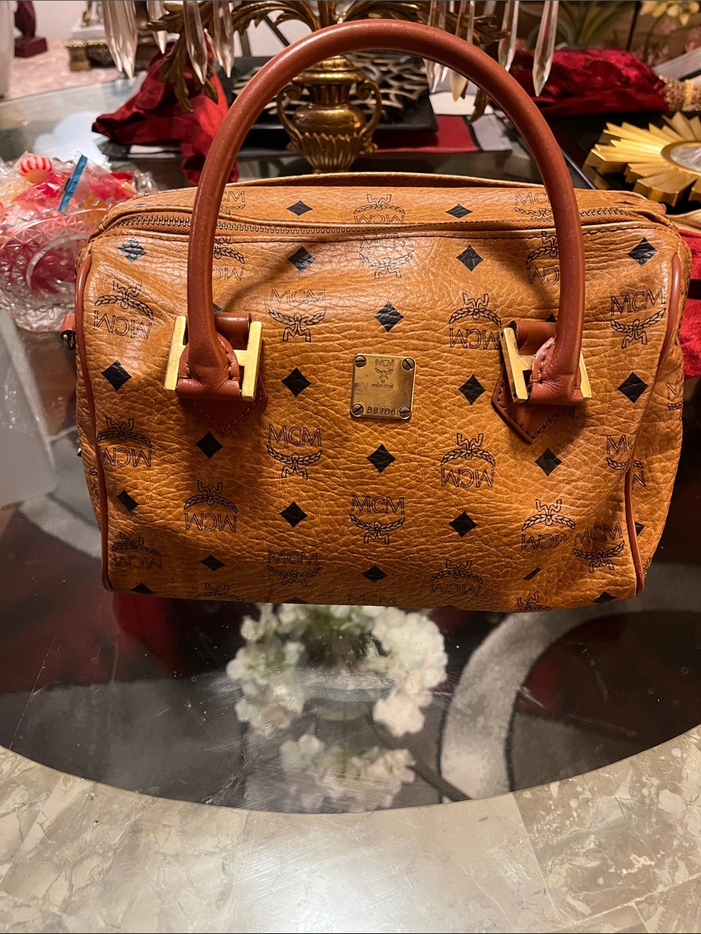 MCM Cognac Visetos Logo Satchel - Tan and Brown Authentic